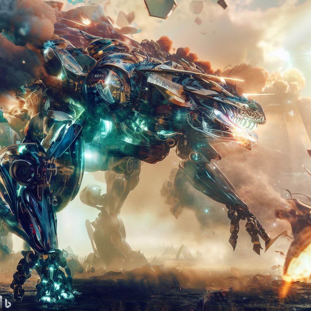 futuristic dinosaur mech with shattered glass body and glowing eyes being hunted while fighting in surreal environment, detailed smoke and clouds, lens flare, fish-eye lens, realistic h.r. giger style 1.jpg